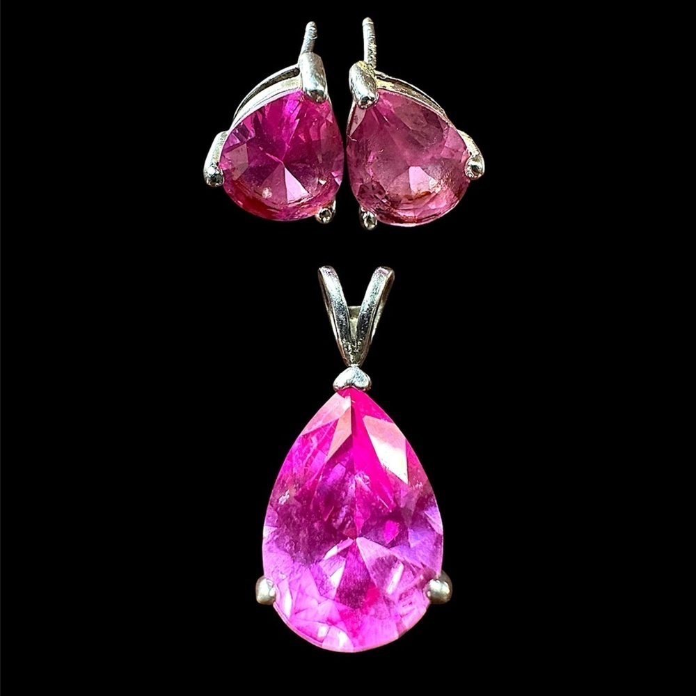 Sterling Silver Lab Created Ruby Earrings and Pendant SET Fuchsia Pink